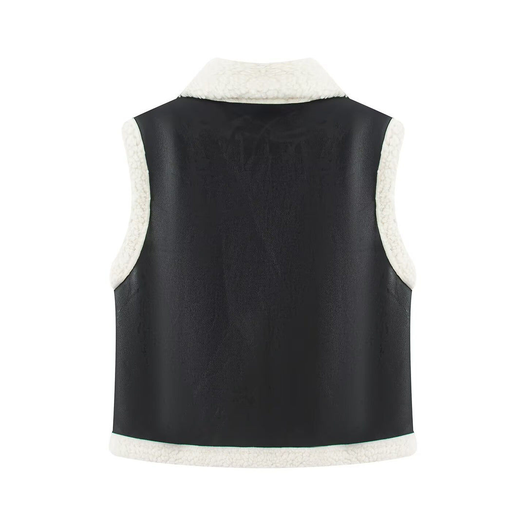 Women trendy synthetic leather vest with cozy teddy lining Lune London