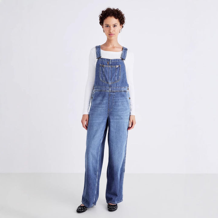 Ladies denim overalls with wide legs and adjustable straps Lune London