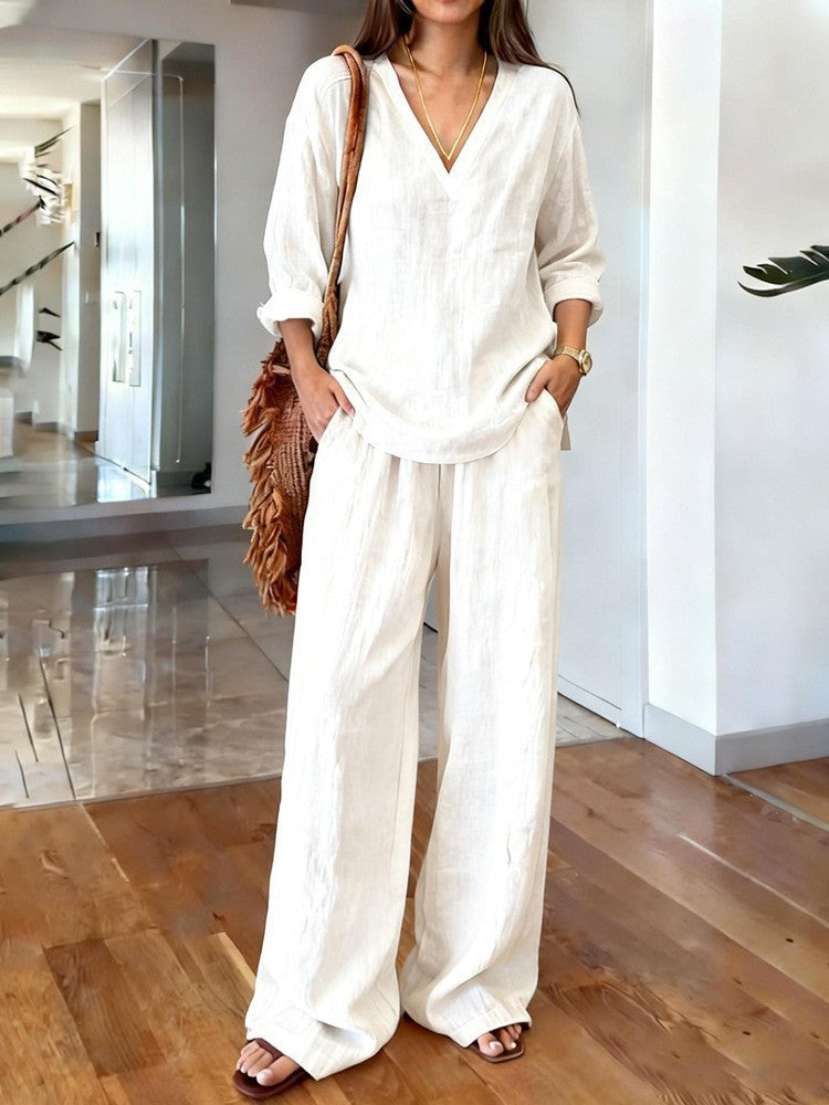 Women's Casual Linen Top and Wide Palazzo Pants Set Chic & Stil