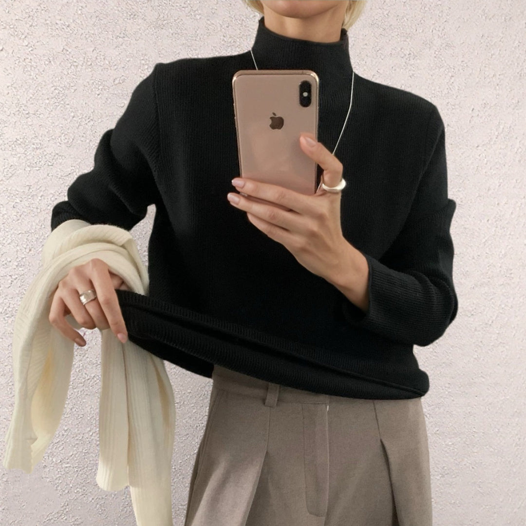 Ladies modern knit top with high collar and fine ribbed pattern Lune London