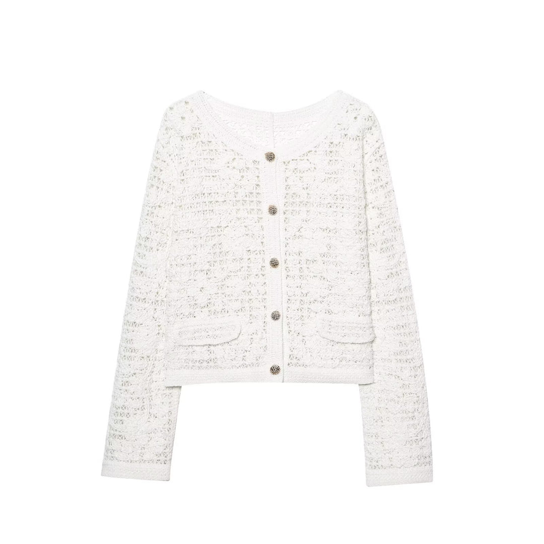 Women’s knit jacket with a fine crochet pattern and chic button details Lune London