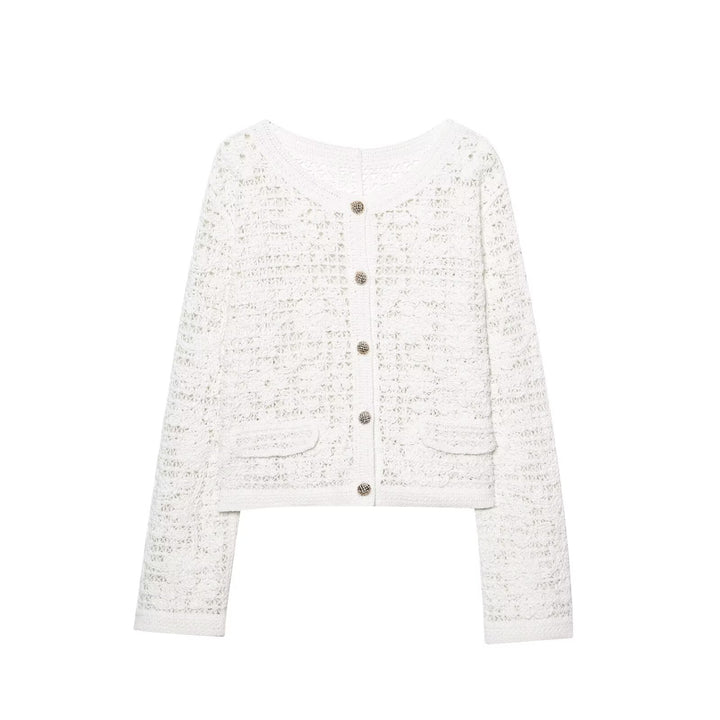 Women’s knit jacket with a fine crochet pattern and chic button details Lune London
