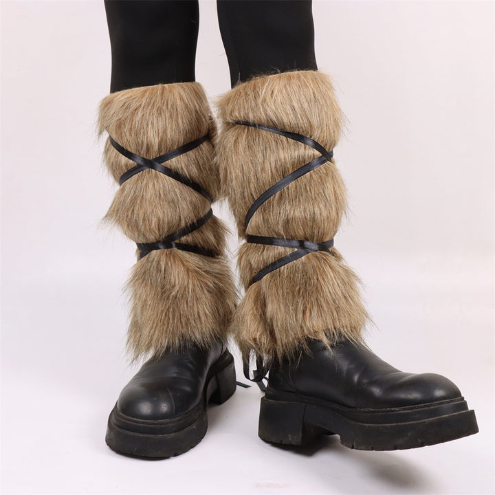 Fashion faux fur leggings for women with chic and stylish tie ribbons