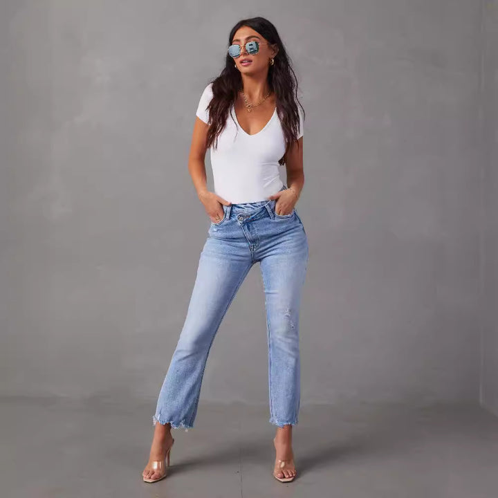 Women's high-waist jeans with trendy fringing and distressed details Lune London