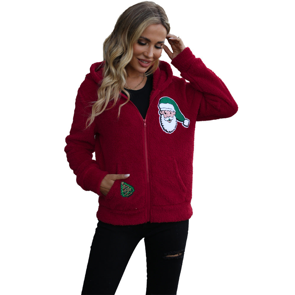 Ladies Christmas cozy jacket with hood and festive print Lune London