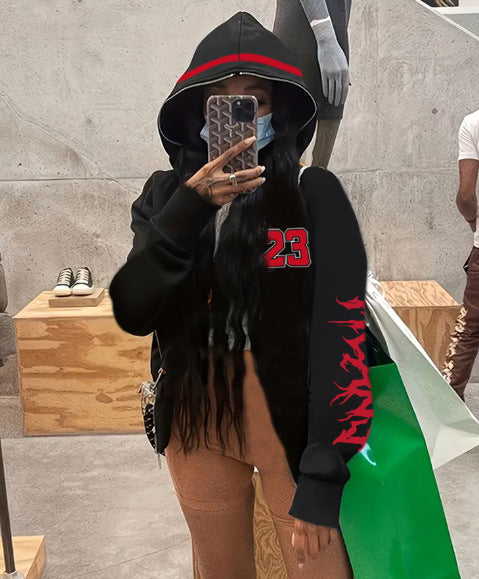 Sporty women's hoodie with a striking cut and a richly detailed graphic Lune London