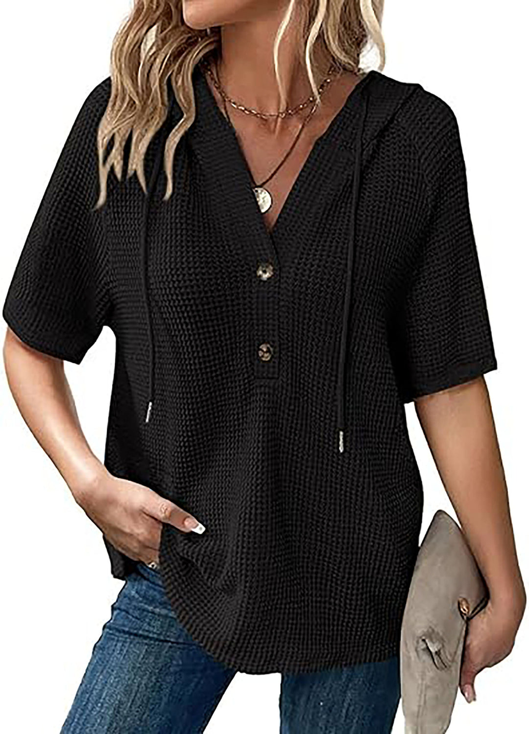 Short-sleeve blouse with embossed structure for ladies with hood and button placket Lune London