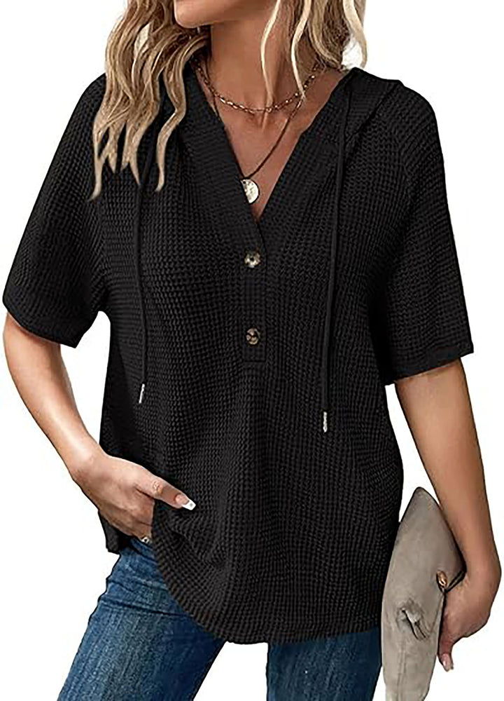 Short-sleeve blouse with embossed structure for ladies with hood and button placket Lune London