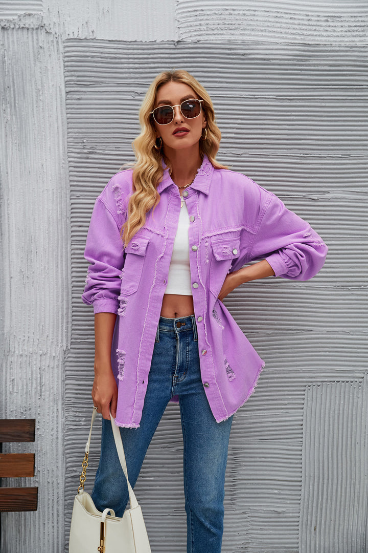 Oversized denim jacket for women with modern distressed details Lune London