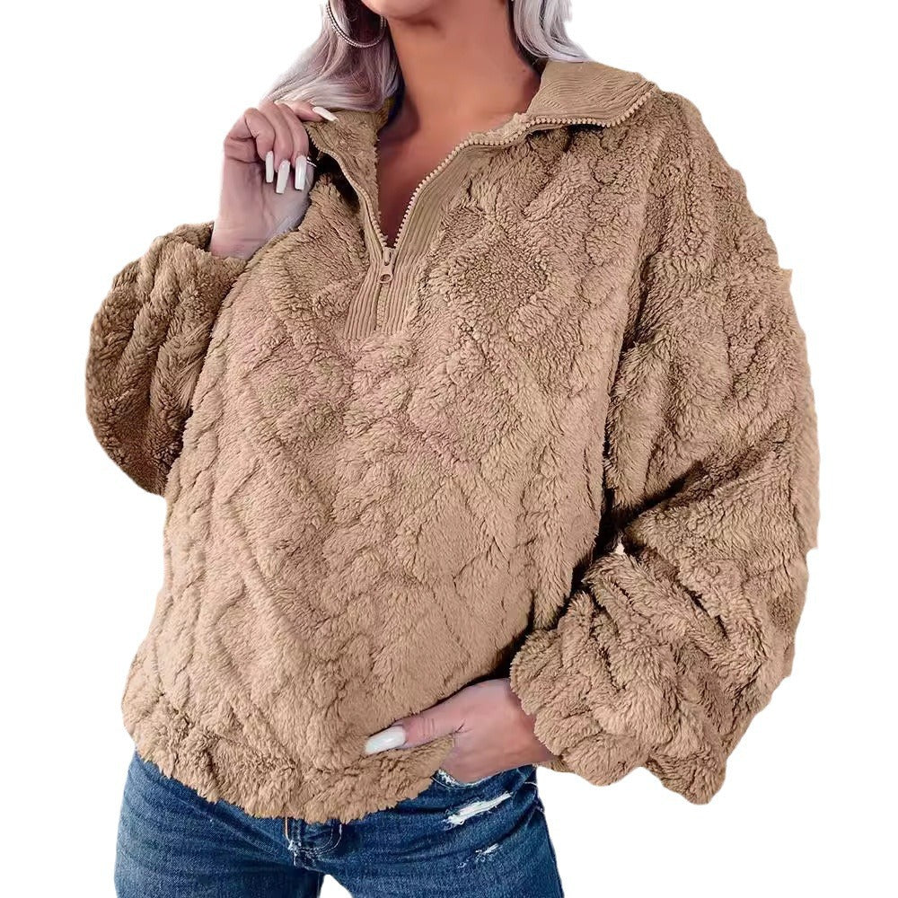 Ladies Plush Fleece Sweater with Zipper and Quilted Design Lune London