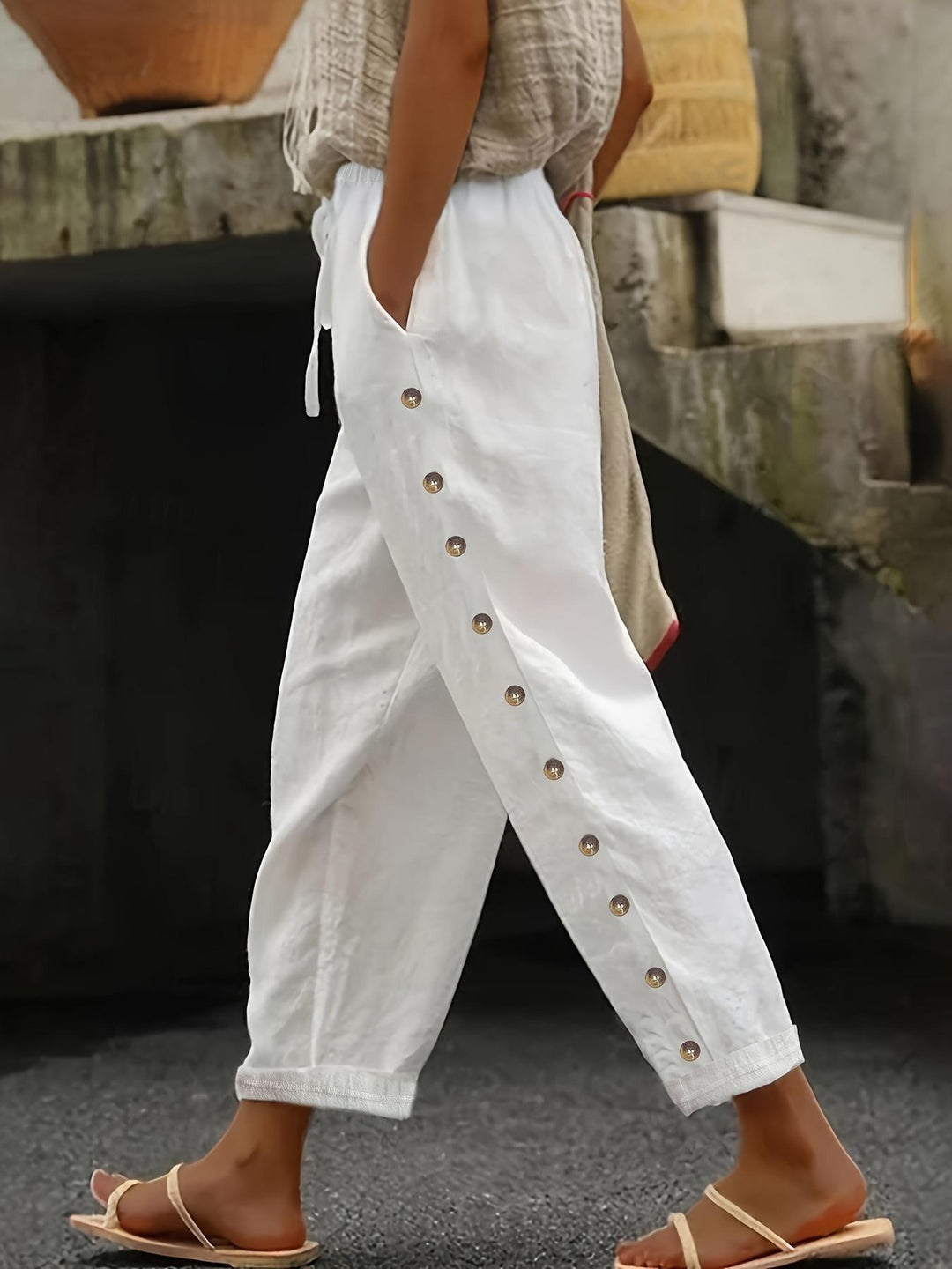 Lune London Women's trendy palazzo pants with button details and elastic waist
