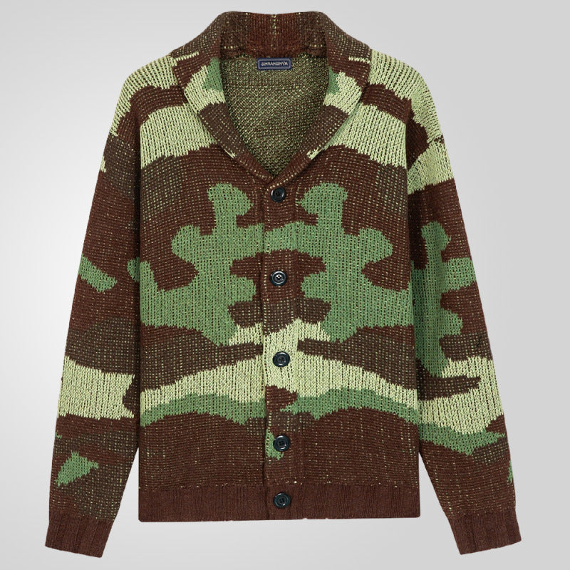 Men's knitted jacket with unique camouflage design and high collar Lune London