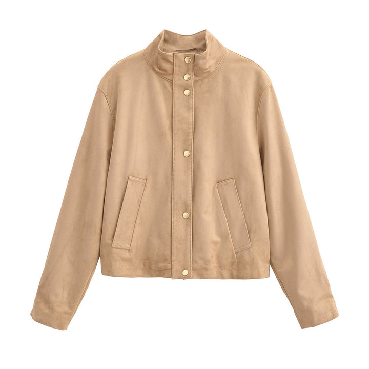 Faux leather jacket for women with high collar and practical side pockets Lune London