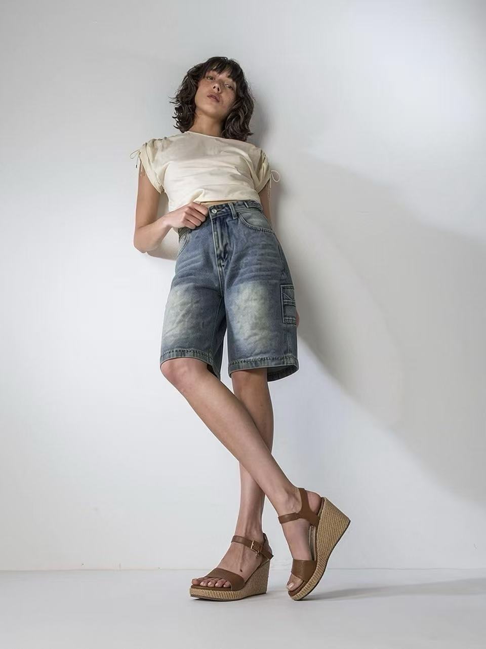 Women's casual denim shorts with high waist and wide cut Lune London