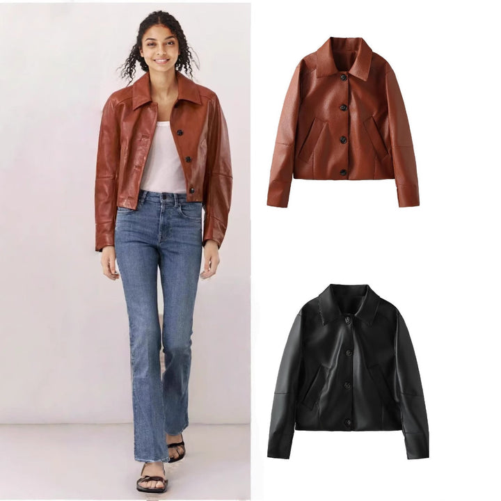 Women's faux leather jacket with modern button details Lune London