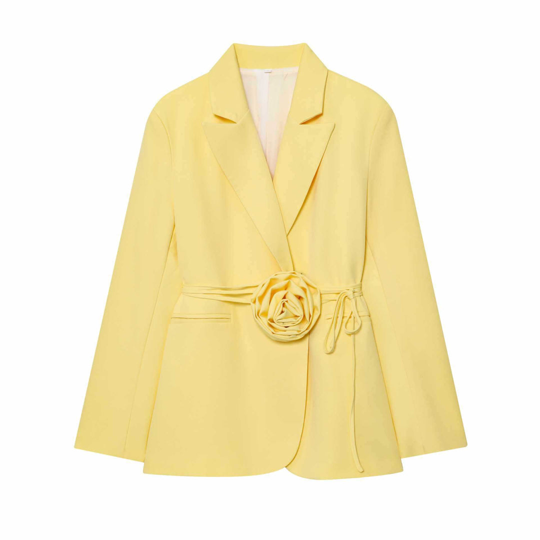 Ladies elegant blazer with attached decorative belt and floral accents Lune London