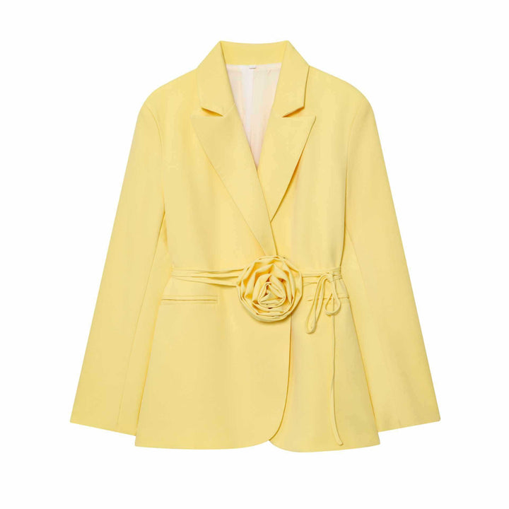 Ladies elegant blazer with attached decorative belt and floral accents Lune London