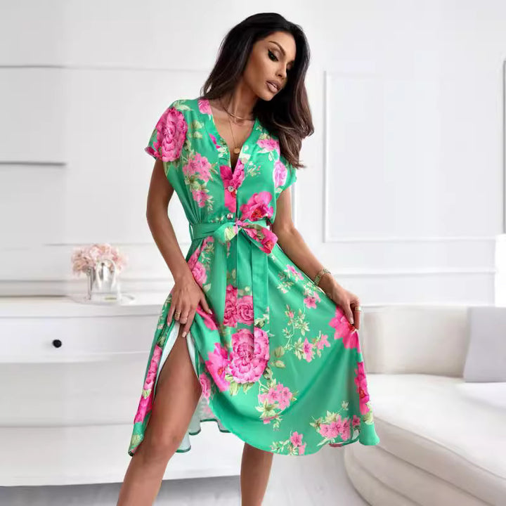 Midi floral pattern dress for women with a tie belt Lune London