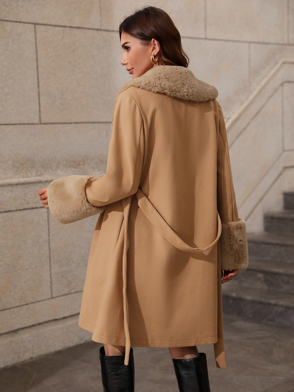 Ladies Elegant Transition Jacket with Soft Collar and Chic Tie Belt