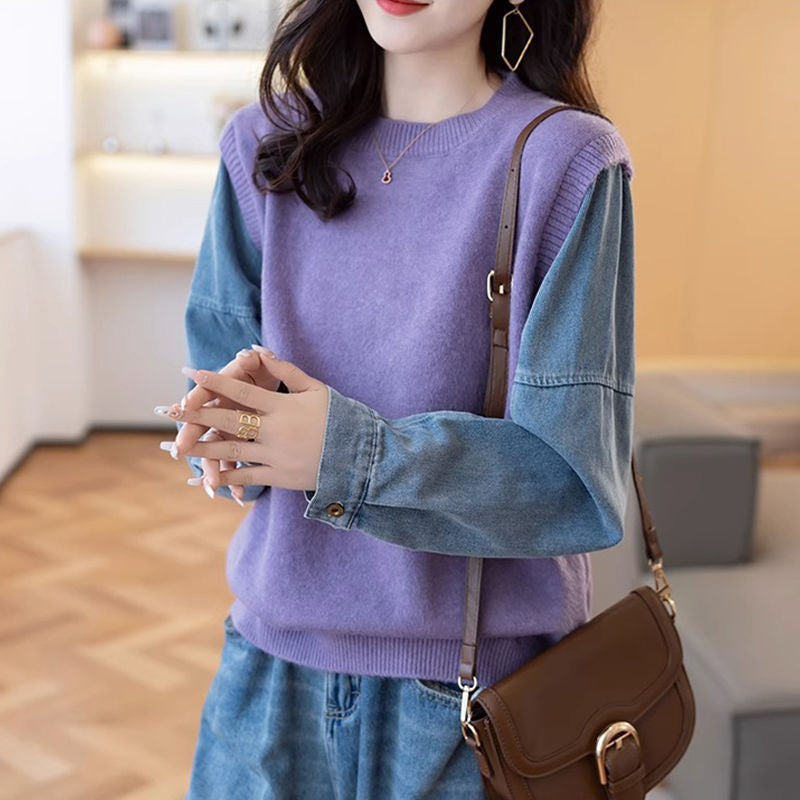 Pull en tricot pour femmes avec manches en denim Chic & Stil