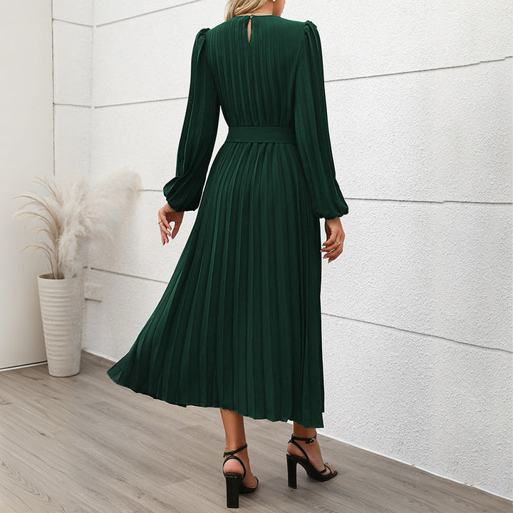 Women’S Pleated Dress with Waist Belt and Long Sleeves Chic Und Stil