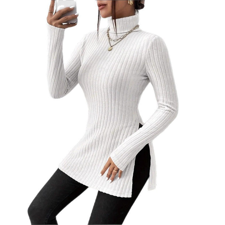 Women Long Sleeve Ribbed Knit Top with Turtleneck Lune London