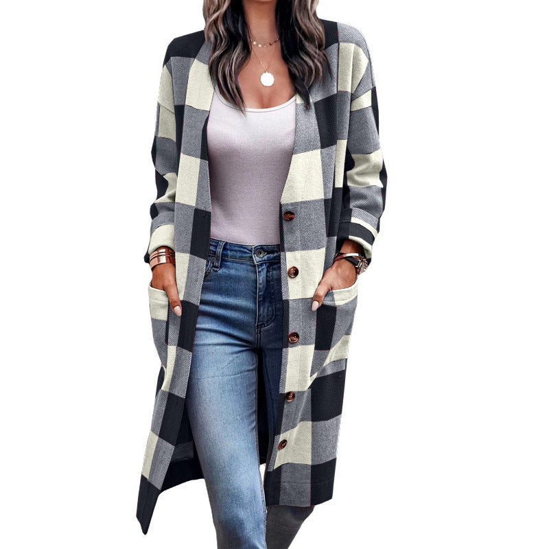 Ladies Long Checkered Coat with Pockets Lune London