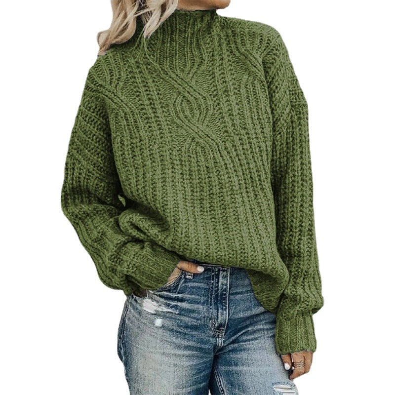 Thick knitted sweater for women with a high collar and cable knit pattern Lune London