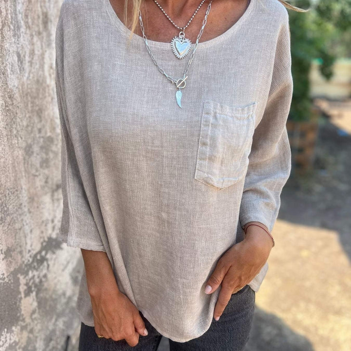 Ladies casual linen top with loose fit and chest pocket Lune London