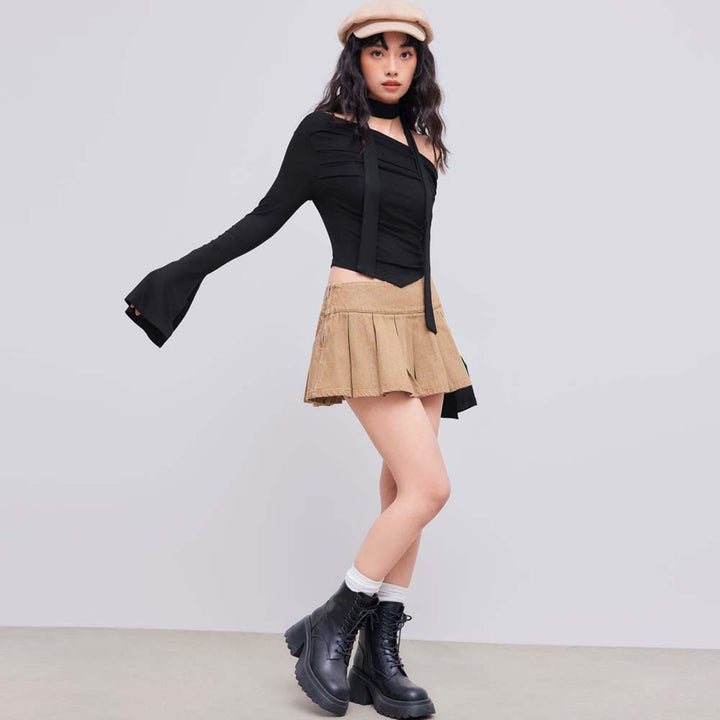 Short top for women with asymmetrical halter design and elegant draping Chic & Stil