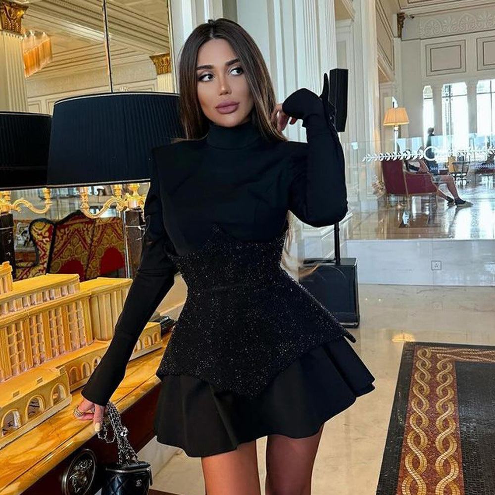 Women’s mini dress with contrasting top and chic ruffled elegant design