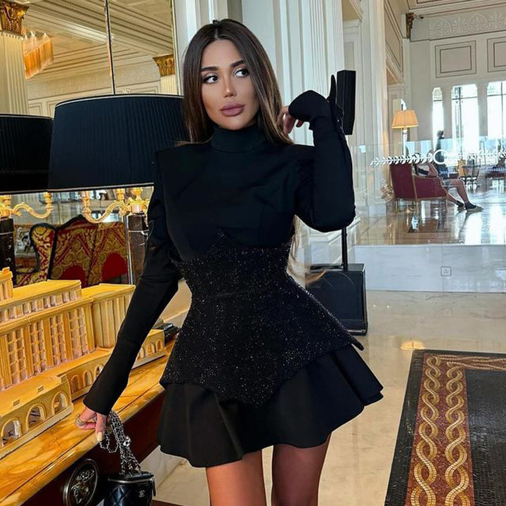Women’s mini dress with contrasting top and chic ruffled elegant design