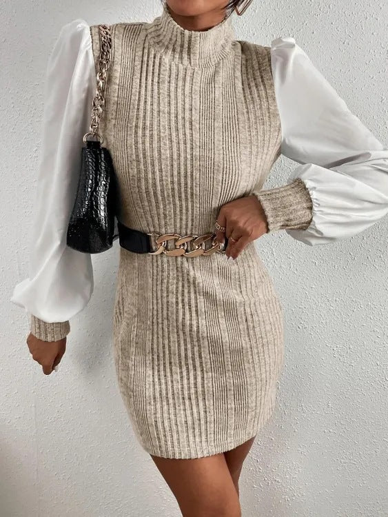Knit dress for women with elegant puff sleeves and a high collar Lune London