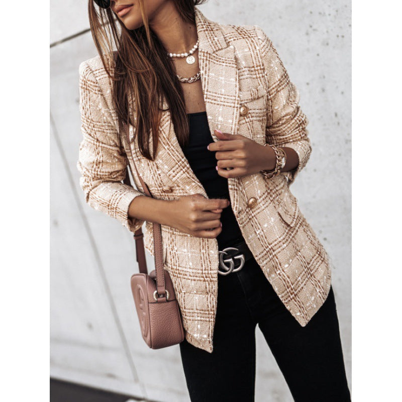 Plaid jacket for women with gold buttons and textured fabric Lune London