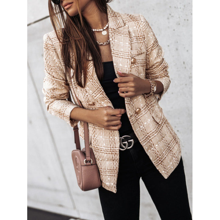Plaid jacket for women with gold buttons and textured fabric Lune London