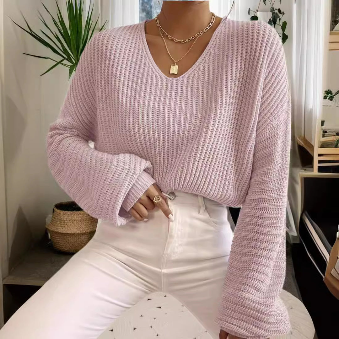 Casual knit sweater for women with a wide V-neck and oversized sleeves Lune London
