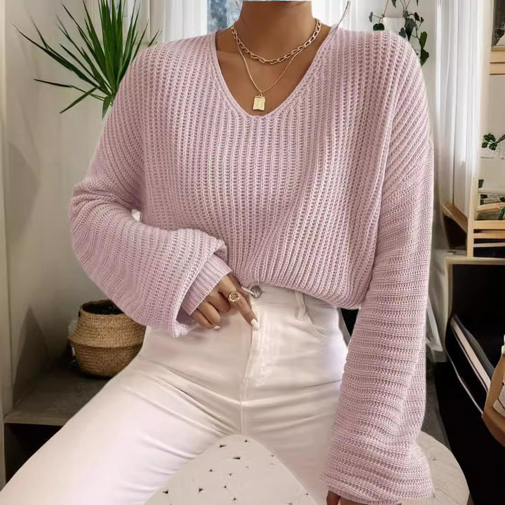 Casual knit sweater for women with a wide V-neck and oversized sleeves Lune London