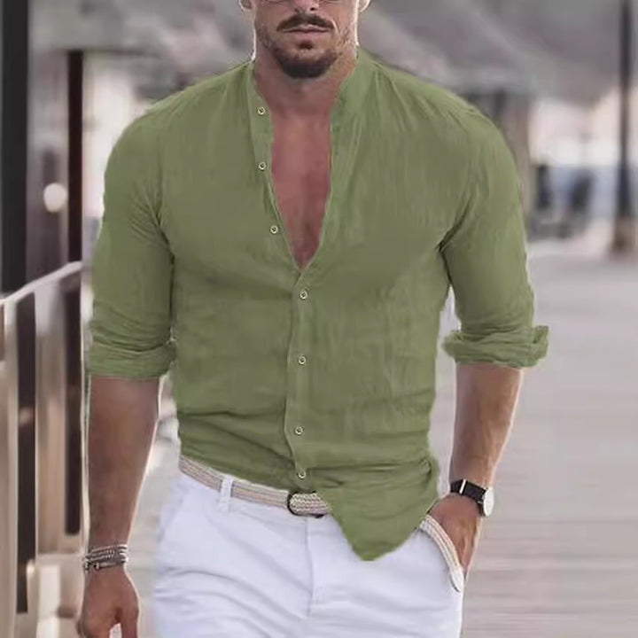 Casual linen shirt for men with modern stand-up collar and roll-up sleeves Lune London