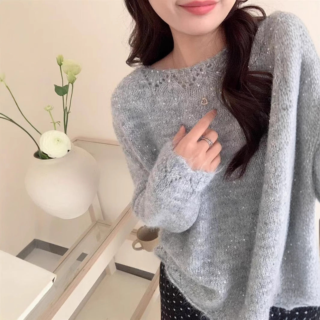 Ladies fluffy knit sweater with shiny accents and relaxed fit Lune London