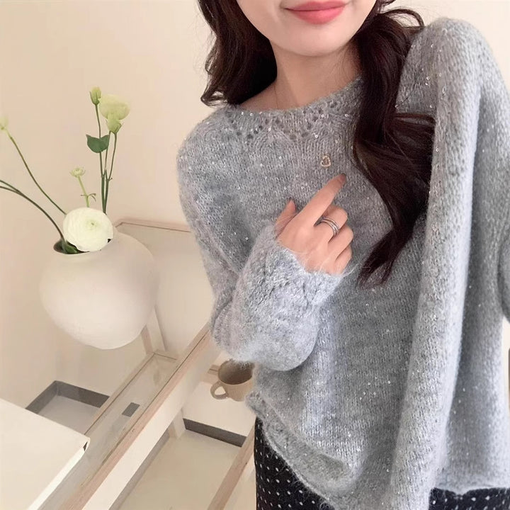Ladies fluffy knit sweater with shiny accents and relaxed fit Lune London