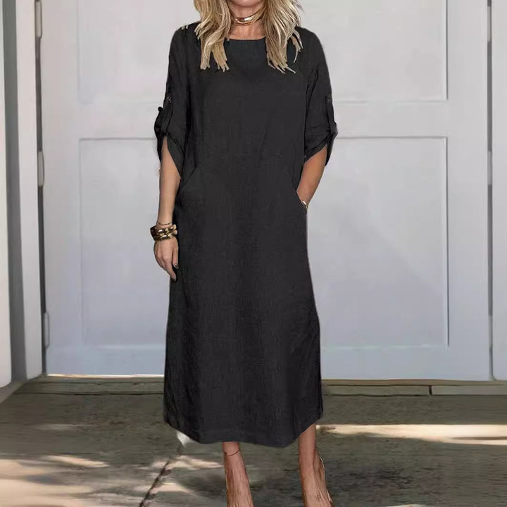 Women Casual Linen Midi Dress with Side Pockets and Roll-Up Sleeves Chic & Stil