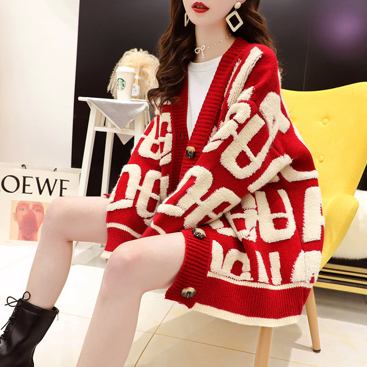 Ladies casual cardigan with large logo pattern and button closure Lune London