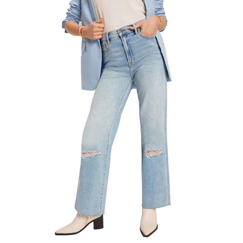 Ladies High-Waist Jeans with fringed hem and trendy tear details Lune London