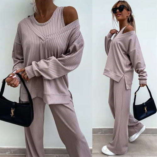 Lune London women's ribbed knit casual set with asymmetrical cutouts