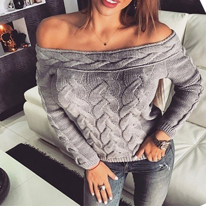 Women's knit sweater with modern cable pattern and chic décolleté silhouette