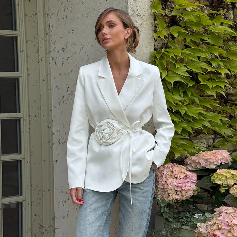 Ladies Elegant Blazer Jacket with Chic Floral Buckle and Style