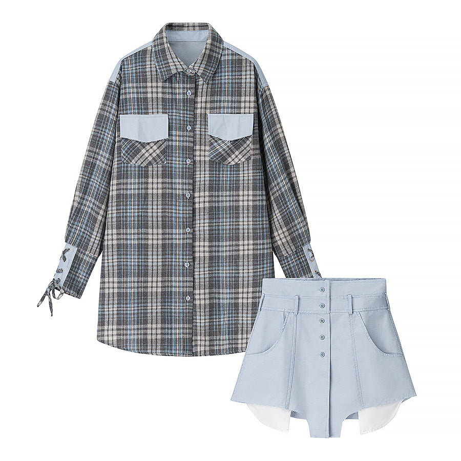 Chemise à carreaux pour femmes avec jupe en denim et détails de ceinture Chic & Stil