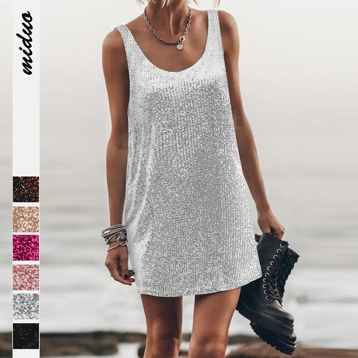 Women Glittering Mini Dress with Shimmering Sequin Fabric and Casual Cut Lune London