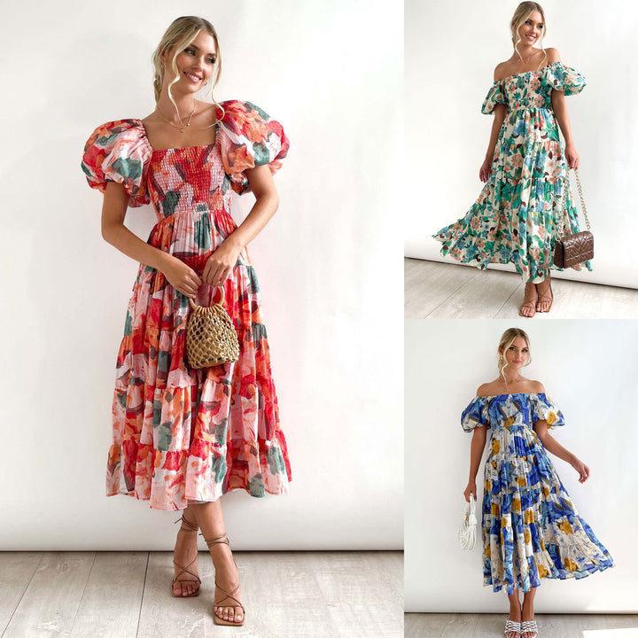 Ladies Floral Puff Sleeve Midi Dress Lune London