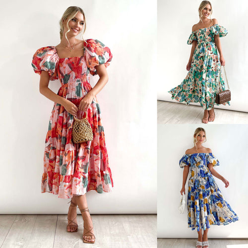 Ladies Floral Puff Sleeve Midi Dress Lune London